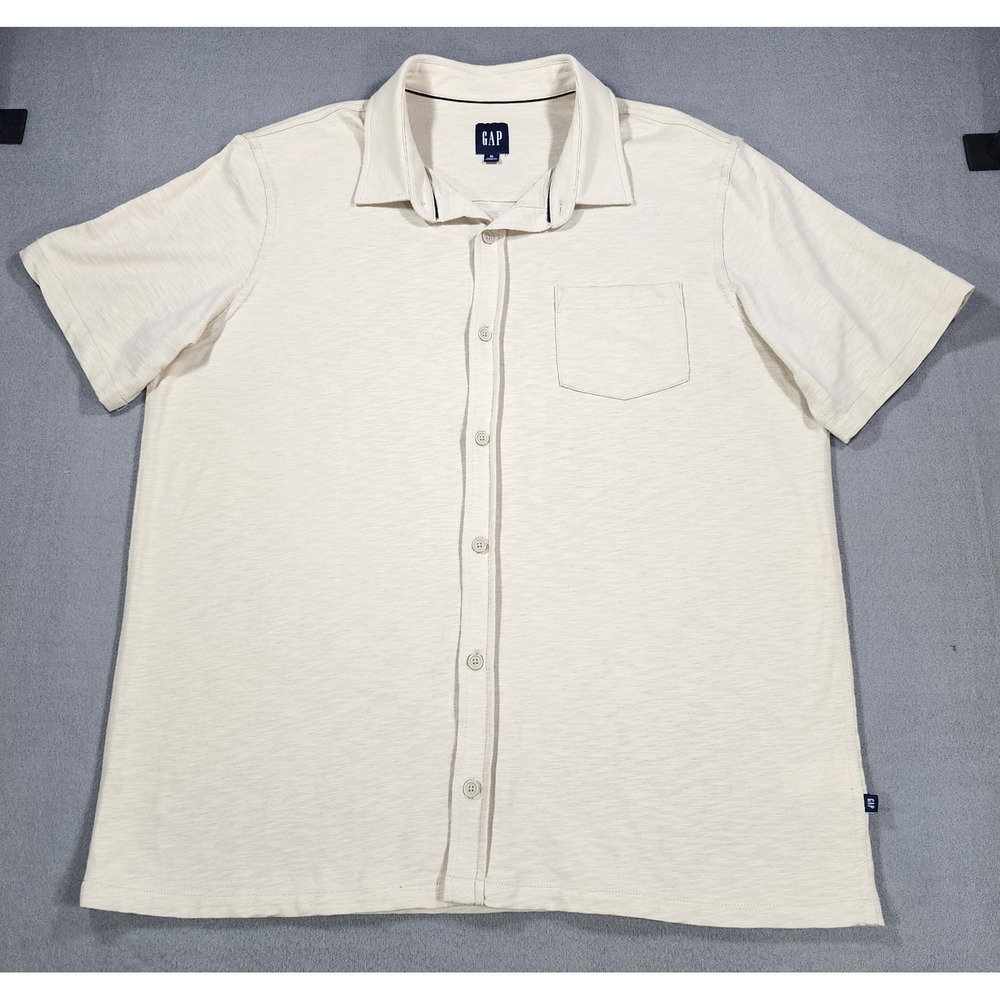 GAP Mens XL Knit Short Sleeve Button Down Collared Top Cream Minimalist Coastal